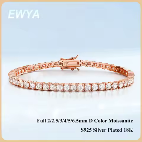 EWYA Real D Color Full 2/2.5/3/4/5/6.5mm Moissanite Tennis Bracelet For Women S925 Plated 18K Rose G