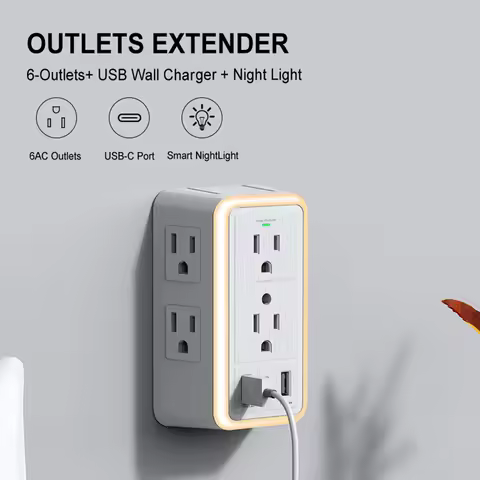 USB Wall Charger Surge Protector 6 Outlet Extender with 3 USB Charging Ports (1 USB C Outlet)and Nig