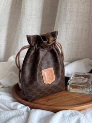 中古包Vintage Celine 棕花抽繩小福袋(附鏈條改造成斜背包)