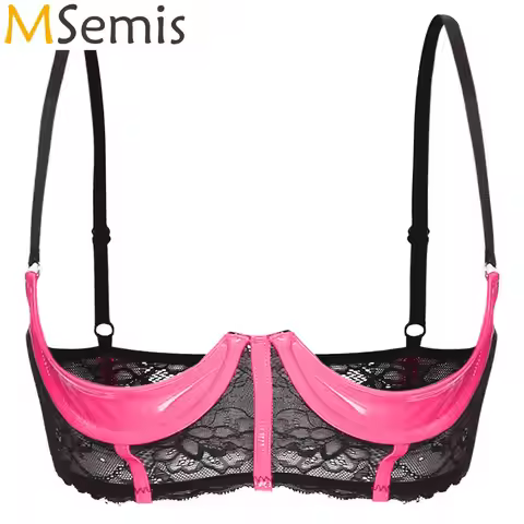 Womens Lingerie Patent Leather 1/3 Cup Underwired Bra Sheer Floral Lace Exposed Breast Brassiere Lin