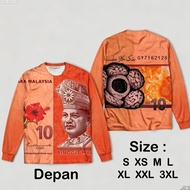 【Stock】Malaysian Banknote Inspired Long Sleeve T-Shirt For Daily Wear With Detailed Front And Back P