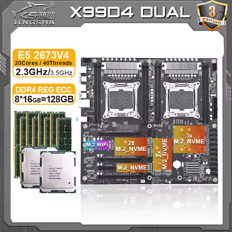 JINGSHA X99 D4 DUAL motherboard Set with Xeon E5 2673 V4 CPU 8*16GB DDR4 RAM Kit Server Workstation 