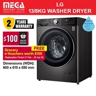 LG FV1413H2BA 13/8KG WASHER DRYER (4 TICKS) / Free Detergent & $100 Grocery eVouchers Redeem From LG