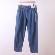 UNIQLO Fish Mio Home U Uniqlo MY450245ผู้ชายผ้าฝ้ายซักผ้าไม่สูงเอวหลวมกางเกงยีนส์ปากแคบนำเข้าใหม่