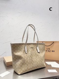 COACH蔻馳CityZip Tote30老花滿印拉鏈開合帆布配皮托特包Tote包購物袋手提單肩包