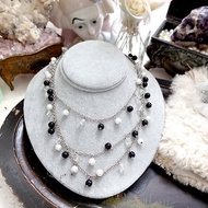 日本中古黑白色膠珍珠超長頸鍊項鍊CHANEL風高級二手古著珠寶首飾
