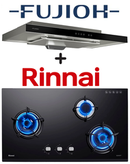 FUJIOH FR-MS1990R 90CM GLASS BLACK SLIMLINE HOOD WITH TOUCH CONTROL + RINNAI RB-93UG 3 BURNER HYPER FLAME GLASS GAS HOB