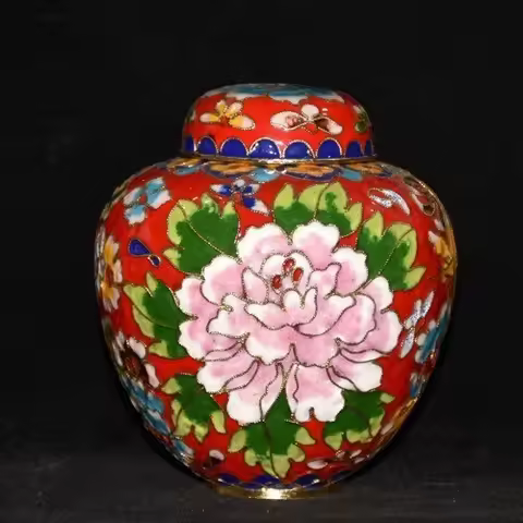 4.3" Old Chinese Dynasty Cloisonne Enamel Bronze Peony Flower Jar Pot Crock