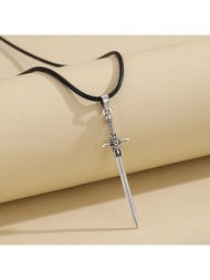1入組復古合金簡約氣質騎士劍項鏈，黑色皮繩，精美男士日常佩戴