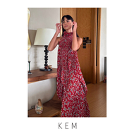 Kemissara Ruffle neck bow open back set (Top & Skirt) - Indiana Red  ชุดพลีตผู้หญิงไหล่ลํ้า Ruffle ท