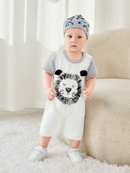 SHEIN Persoplay Kids 夏季嬰兒男童獅子圖案3D耳設計連體衣家居服裝