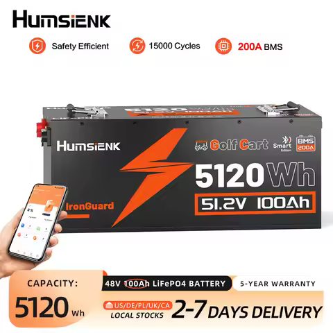Humsienk 48V 100Ah LiFePO4 Battery Designed For Golf Cart 200A BMS 5120Wh Smart Bluetooth Monitor Wi