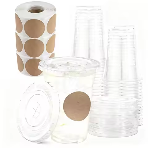 50 Sets 12/16/20OZ Disposable Plastic Cup with Lid Free Cowhide Sticker DIY Beverage Cup Coffee Juic