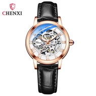 CHENXI นาฬิกากลไกอัตโนมัติผู้หญิงนาฬิกาสแตนเลสสตีลหรูกันน้ำนาฬิกาโครงกระดูกนาฬิกาข้อมือผู้หญิง