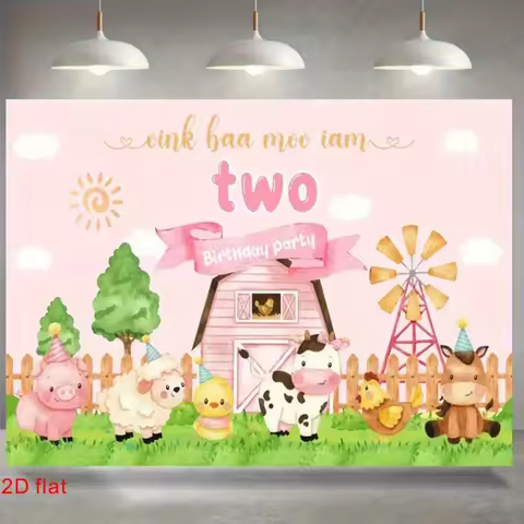 1pc， Pink Farm Theme 2nd Birthday Background Cloth 2D Flat Party Photo Prop.