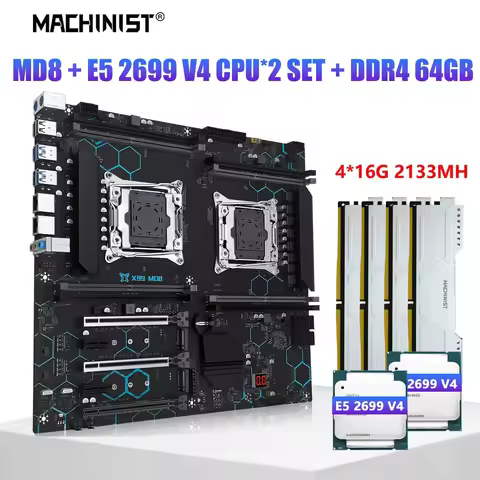 MACHINIST X99 MD8 dual CPU Mother board. Set. Kit Xeon LGA 2011-3 E5 2699 V4 processor + 64gb 8-slot