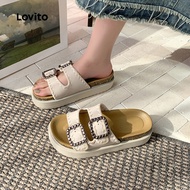 Lovito Casual Double Button Flat Sandals for Women LFA91109 Lovito Selipar Wanita Kasual Berkedua Me
