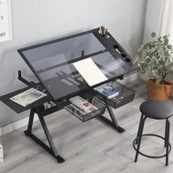 Drafting table drawing glass table with extra side table drawers and leather padded stool