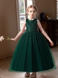 Girl Big Children Blue Sequin High-End Dress Birthday Wedding Fluffy Veil Evening Dress Childrens Dr