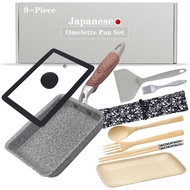 9Pcs Tamagoyaki Pan Set, Japanese Omelette Pan Nonstick with Lid, Square Japanese Egg Skillet Rectan