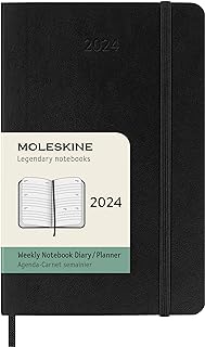 Moleskine DSB12WH2Y24 Notebook, Beginning January 2024, Weekly Diary, Horizontal (Horizontal) Soft Cover, Pocket Size (W x H x H): 3.5 x 5.5 inches (9 x 14 cm), Black