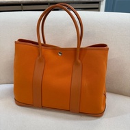 hermes 愛馬仕 Garden Party花園36 手提單肩包 橙色銀扣 帆布拼皮 框Q刻 36*26*17