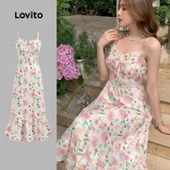 (trendy6)Lovito Boho Ditsy Floral Lace Up Zipper Dress for Women L123ED635