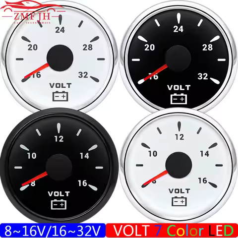 Auto Car Gauge 2" 52MM Voltmeter for Marine Boat 8-16V 16-32V VOLT 7 Color Backlight IP67 Waterproof