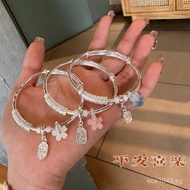 Joyful Push-Pull Shell Adjustable Safety999Cherry Blossom Jewelry Accessories Bracelet Pure Silver P