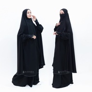 Alsyahra Exclusive - Set Long Khimar Like Mukena Handsplit Haramain Cadar Soft Jetblack