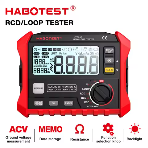 HABOTEST HT5910 Leakage Switch Tester LCD Digital Resistance Meter RCD/Loop Tester 1000 Data Storage