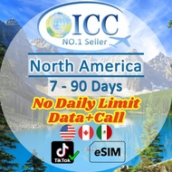 ICC eSIM - North America (USA,Canada,Mexico) 7-90 Days Data│Unlimited Data + Locall Call/Int'l Call