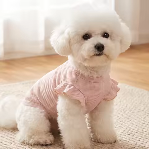 1 Cute Waffle Ruffle Sleeve Pet T-shirt Round Neck Breathable Dog Clothes Cute Dog Clothes Multiple