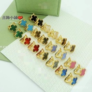 [Real Shot] Clover Sterling Silver k Gold Fritillary Agate Four-leaf Clover Earrings Earrings LWN4