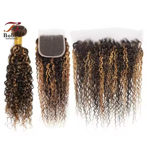 1PC Jerry Curly Highlight Human Hair Weave Bundles Brown Blonde Mix Color Lace Closure Frontal Trans