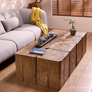 Solid wood square vintage deep-patterned coffee table, side table, wabi-sabi style, suitable for gue