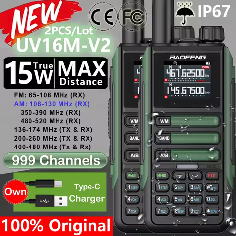 2Pack Upgrade Baofeng UV16M V2 Walkie Talkie 15W High Capacity AM FM 2-Way Radio Full Band LCD Frequ