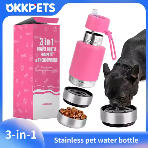 OKKPETS 3 in 1 Portable Travel 34Oz Outdoor Dog Drinking Stainless Steel Pet Bottle and Dog Water Bo