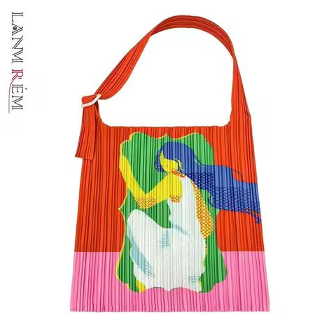 LANMREM New Trendy Human Head Pattern Square Pleated Single Shoulder Handbag High-Quality Women's Pl