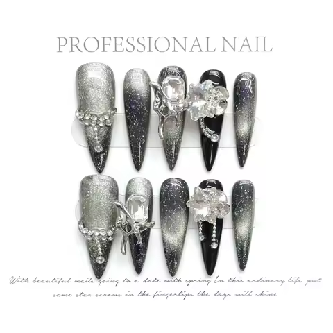 10pcs Ballet Acrylic Long Stiletto Black Glitter Sweet Cool Artificial Nails with Glue Handmade Fals