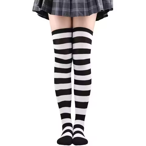 Womens Striped Thigh High Stockings Ladies Girls Black White pink Long Over Above Knee Socks femboy 