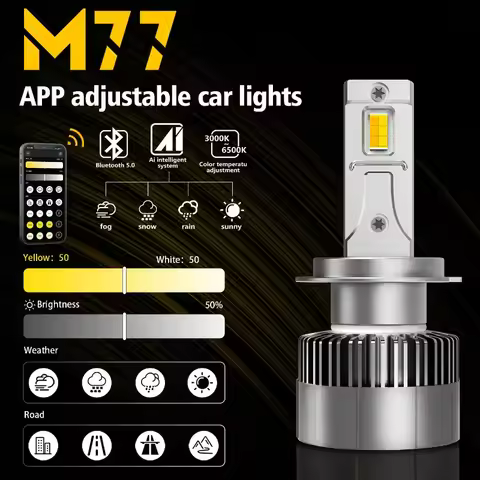 M77 Mobile APP Adjustable Color Temperature Car LED Headlight Dual Copper Tube LED Car Light Fog Lig