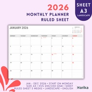 Monthly Planner 2026 | A3 | Ruled-Sheets | Thick Paper