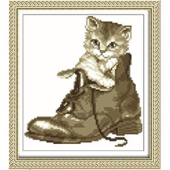 Cross Embroidery Painting of Kitten in a Shoe 1716 (CUSTOMER'S OWN EMBROIDERY) Size: 30X30CM