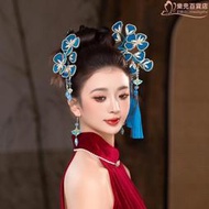 新中式秀禾服髮飾龍鳳褂國風造型藍色紅色絨花流蘇髮簪新娘頭飾