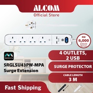 MASTERPLUG Surge Extension Lead SRGLSU43PW / SRGLSU43PB with 4 Sockets, 2 3.1 USB Ports & 3m Length 
