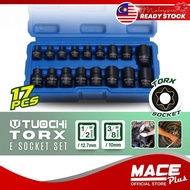 17PCS TUOCHI 1/2 inch & 3/8 inch Drive Square Female Impact Torx E Socket Set E5 to E24 Socket Size 