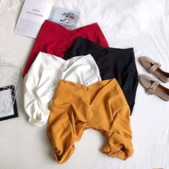 V collar pleated bishop sleeve crop top