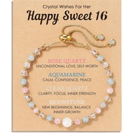 HGDEER Natural Crystal Bracelet 13th 16th Birthday Gifts for Girls - Rose Quartz Moonstone Aquamarin