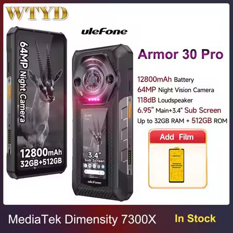 Ulefone Armor 30 Pro Rugged Phone 16GB+512GB Night Vision 6.95'' + 3.4'' Dual Screen Android14 Dimen